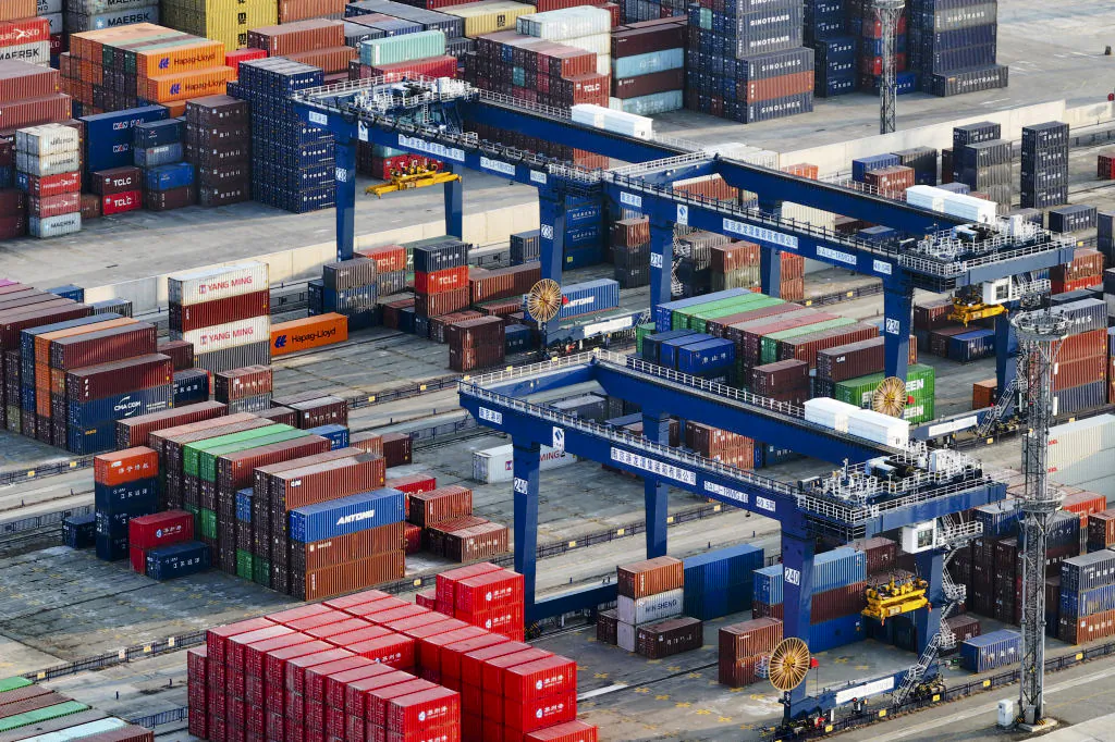 Containers at the port in Nanjing, in China's eastern Jiangsu Province, on Feb. 4, 2025. (STR/AFP via Getty Images)