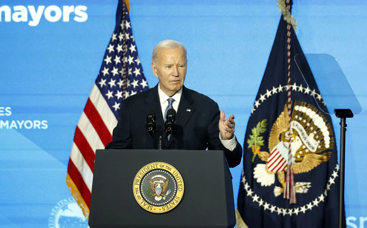 President Joe Biden delivers remarks at the U.S. Conference of Mayors 93rd Winter Meeting in Washington on Jan. 17, 2025. (Kevin Dietsch/Getty Images)