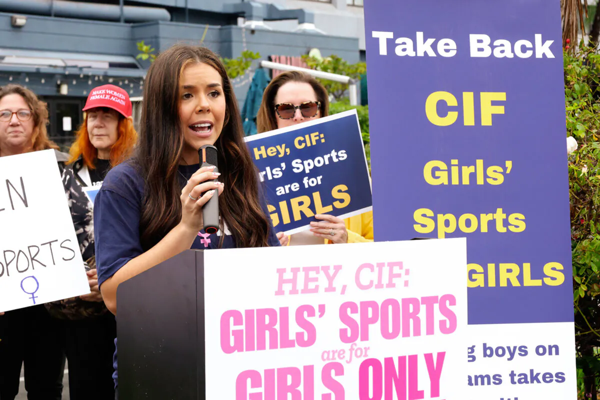 Sophia Lorey, outreach director of California Family Council, speaks at a press conference by the "Save Girls' Sports CA Coalition" at Long Beach, Calif., on Feb. 7, 2025. The group called on California Interscholastic Federation to follow President Donald Trump's executive order banning males from girls' sports. (Courtesy of Alyssa Cruz)