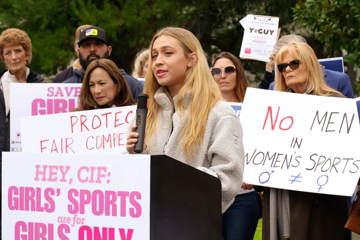 Collegiate athlete Amber French speaks at a press conference by the Save Girls' Sports CA Coalition in Long Beach, Calif., on Feb. 7, 2025. The group called on the California Interscholastic Federation to follow President Trump's executive order banning biological males from women's sports. (Courtesy of Alyssa Cruz)