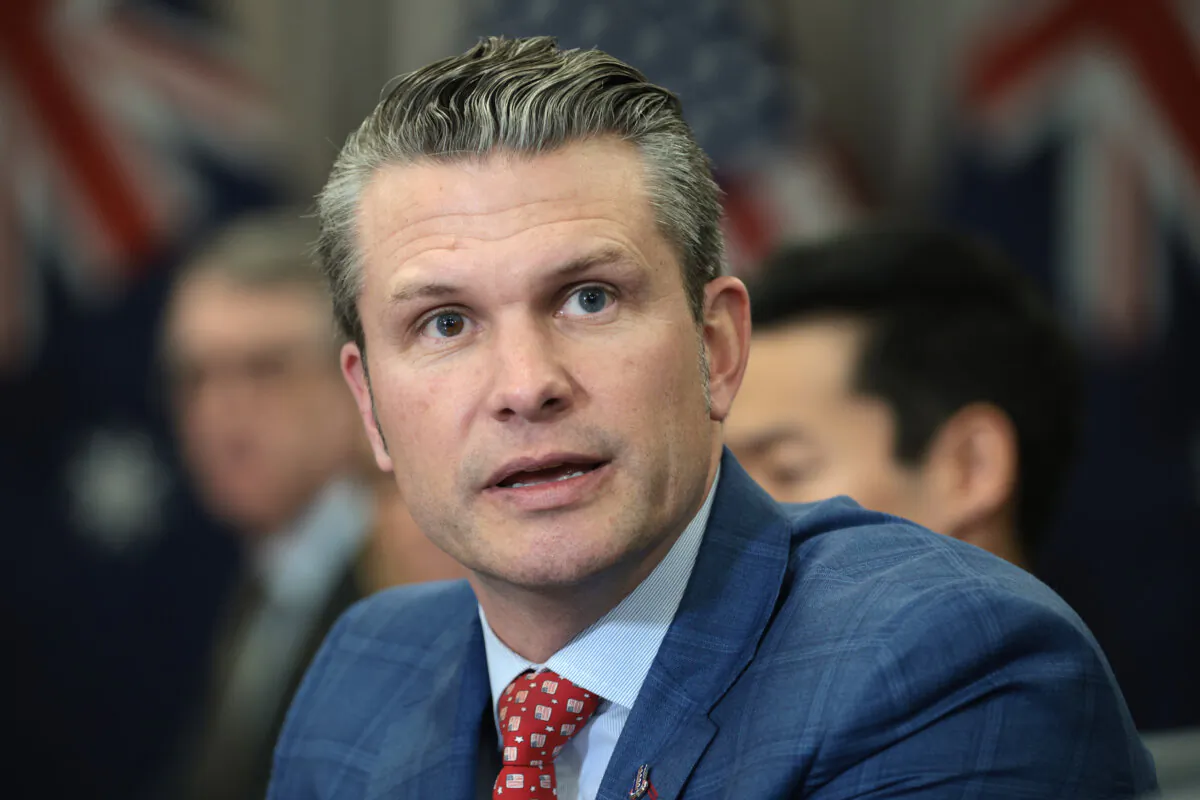 U.S. Secretary of Defense Pete Hegseth speaks to members of the press during a bilateral meeting with Australian Deputy Prime Minister and Defense Minister Richard Marles at the Pentagon in Arlington, Va., on Feb. 7, 2025. (Alex Wong/Getty Images)