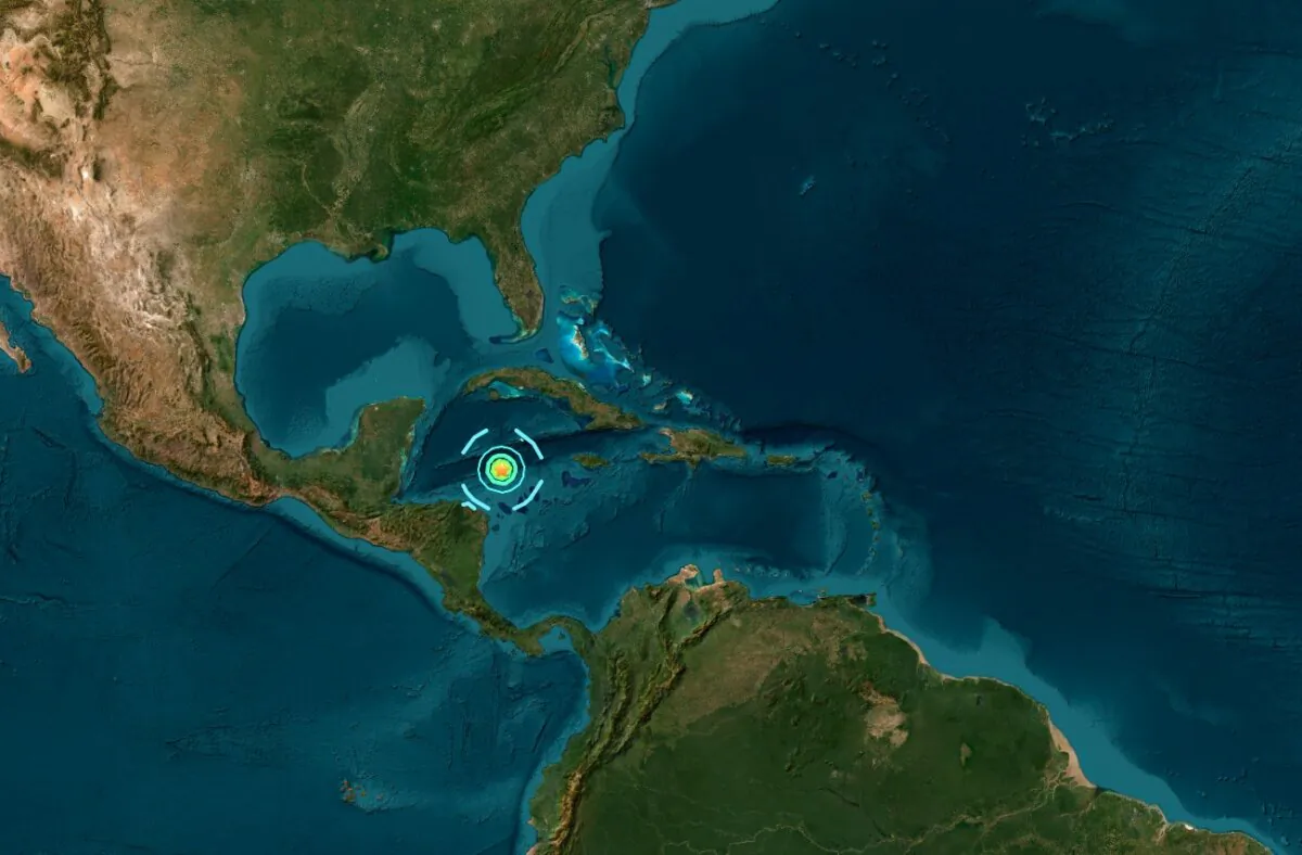 A magnitude 7.6 earthquake strikes northeast of Honduras on Feb. 8, 2025. (Screenshot via The Epoch Times/USGS)