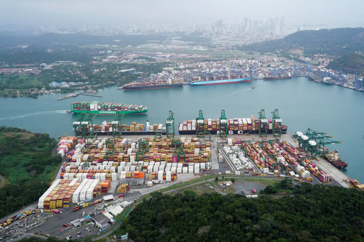 An aerial view shows containers at the Port of Balboa, operated by Panama Ports Company, at the Panama Canal in Panama City on Feb. 1, 2025. (Enea Lebrun/Reuters)