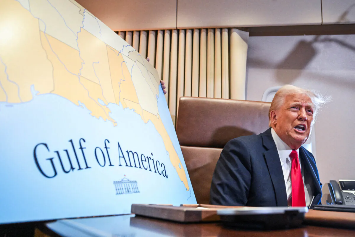 President Donald Trump speaks to the press before signing a proclamation renaming the Gulf of Mexico as the Gulf of America on board Air Force One en route to New Orleans on Feb. 9, 2025. (Roberto Schmidt/AFP via Getty Images)