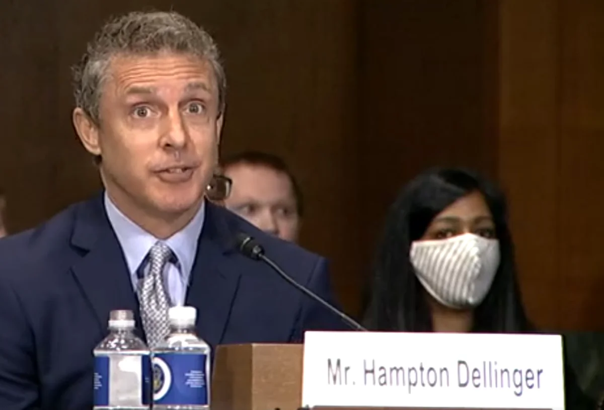 In an image from video, Hampton Dellinger testifies during a hearing in Washington on July 28, 2021. (Senate Judiciary Committee via The Epoch Times)