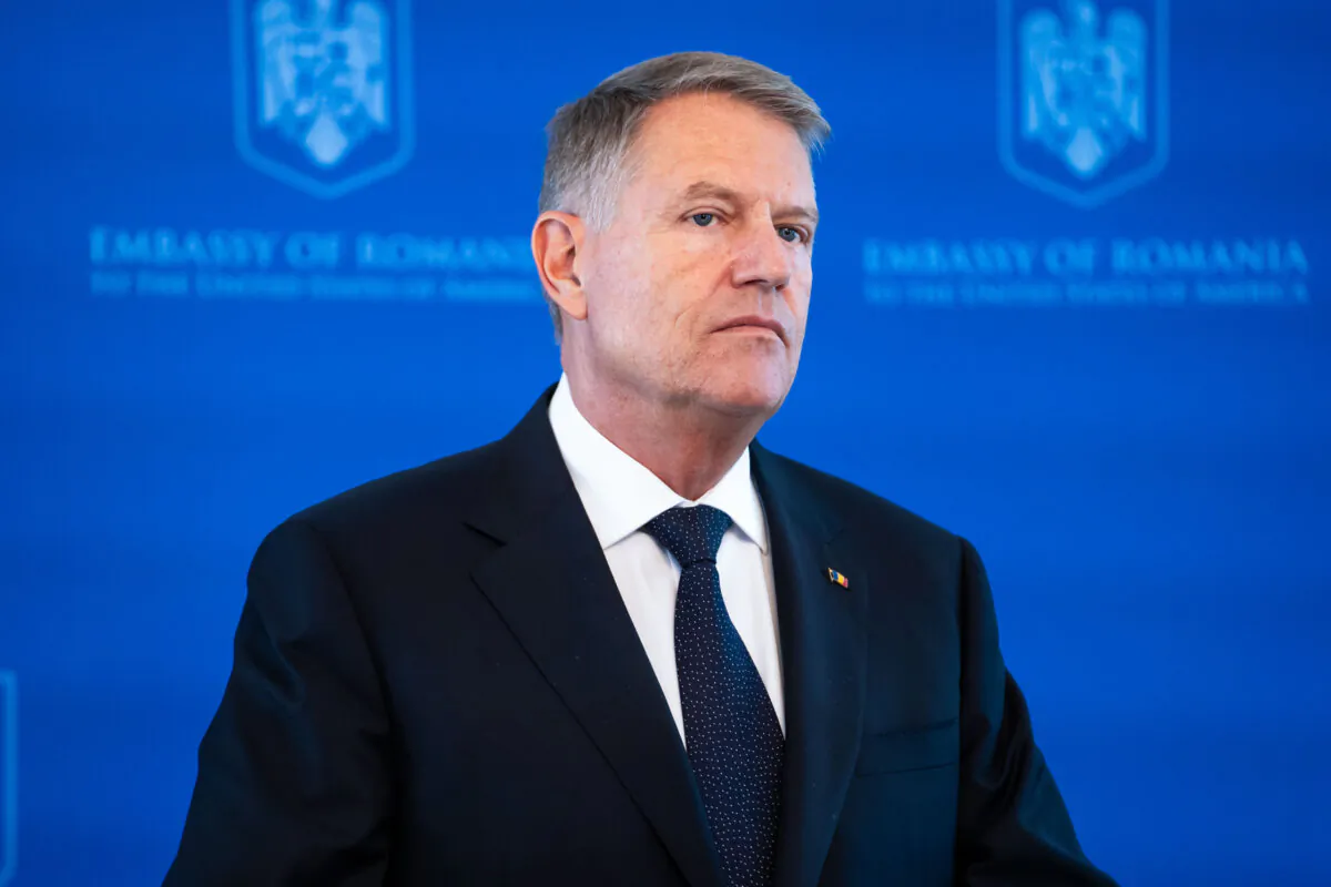 Romanian President Klaus Iohannis speaks at the Romanian Embassy in Washington on May 7, 2024. (Madalina Vasiliu/The Epoch Times)