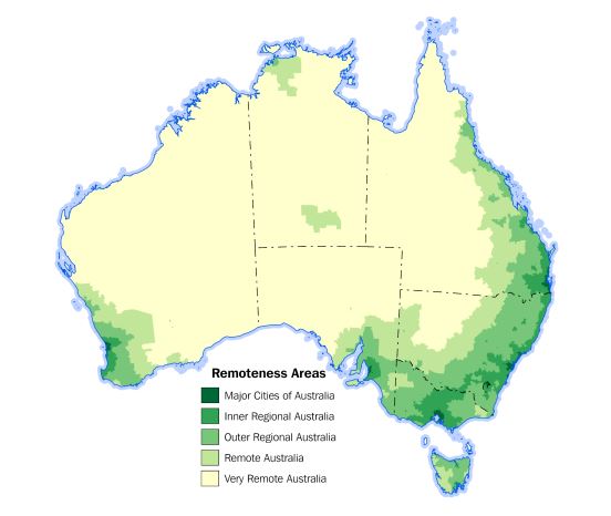 Remote and very remote areas in Australia, as defined by the Australian Bureau of Statistics.