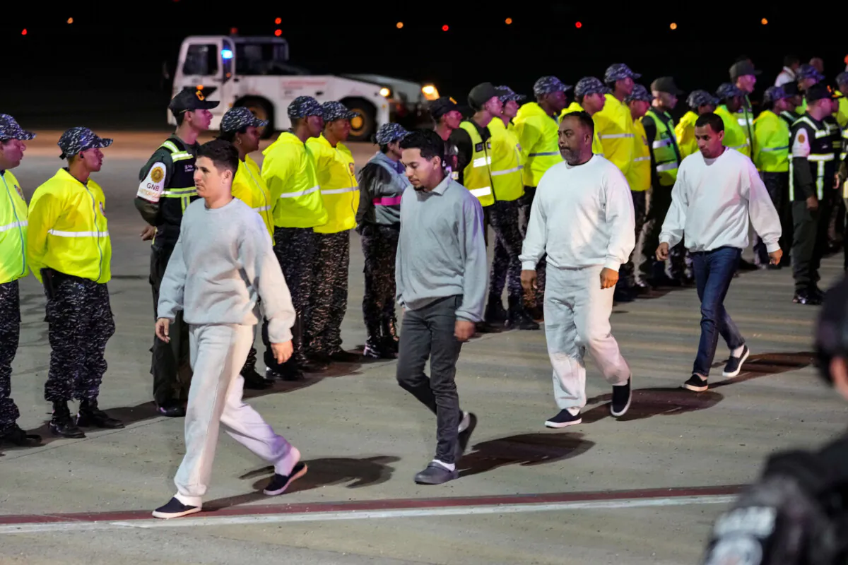Venezuelan illegal immigrants deported from the United States arrive at Simon Bolivar International Airport in Maiquetia, Venezuela, on Feb. 10, 2025. (Ariana Cubillos/AP Photo)