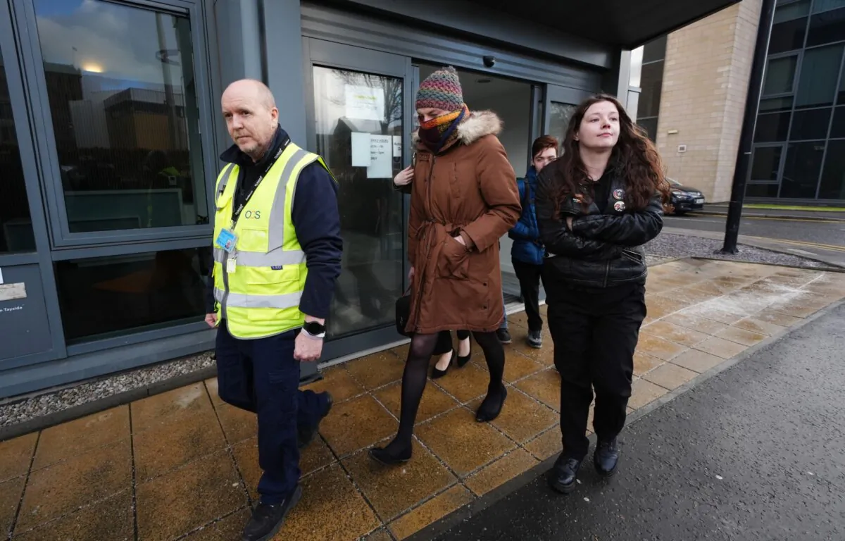 Dr. Beth Upton (centre) leaves an employment tribunal in Dundee, Scotland, on Feb. 7, 2025. (PA)