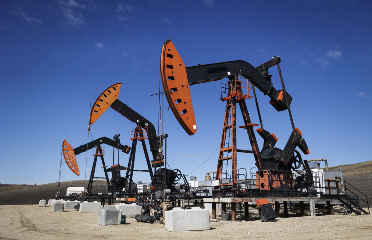 Pumpjacks draw out oil and gas from wellheads near Calgary on April 28, 2023. (The Canadian Press/Jeff McIntosh)