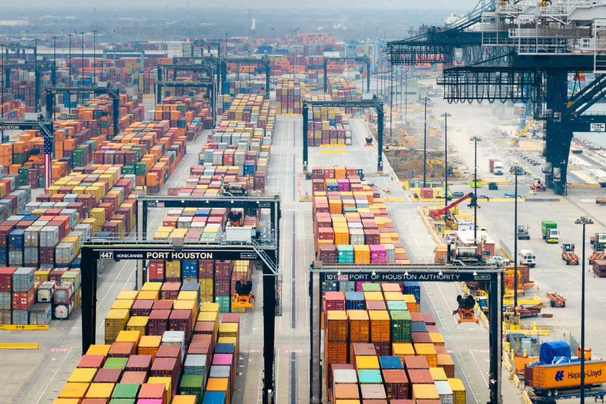 In an aerial view, shipping containers are organized at the Houston Port of Authority in Houston, Texas, on Feb. 10, 2025. (Brandon Bell/Getty Images)