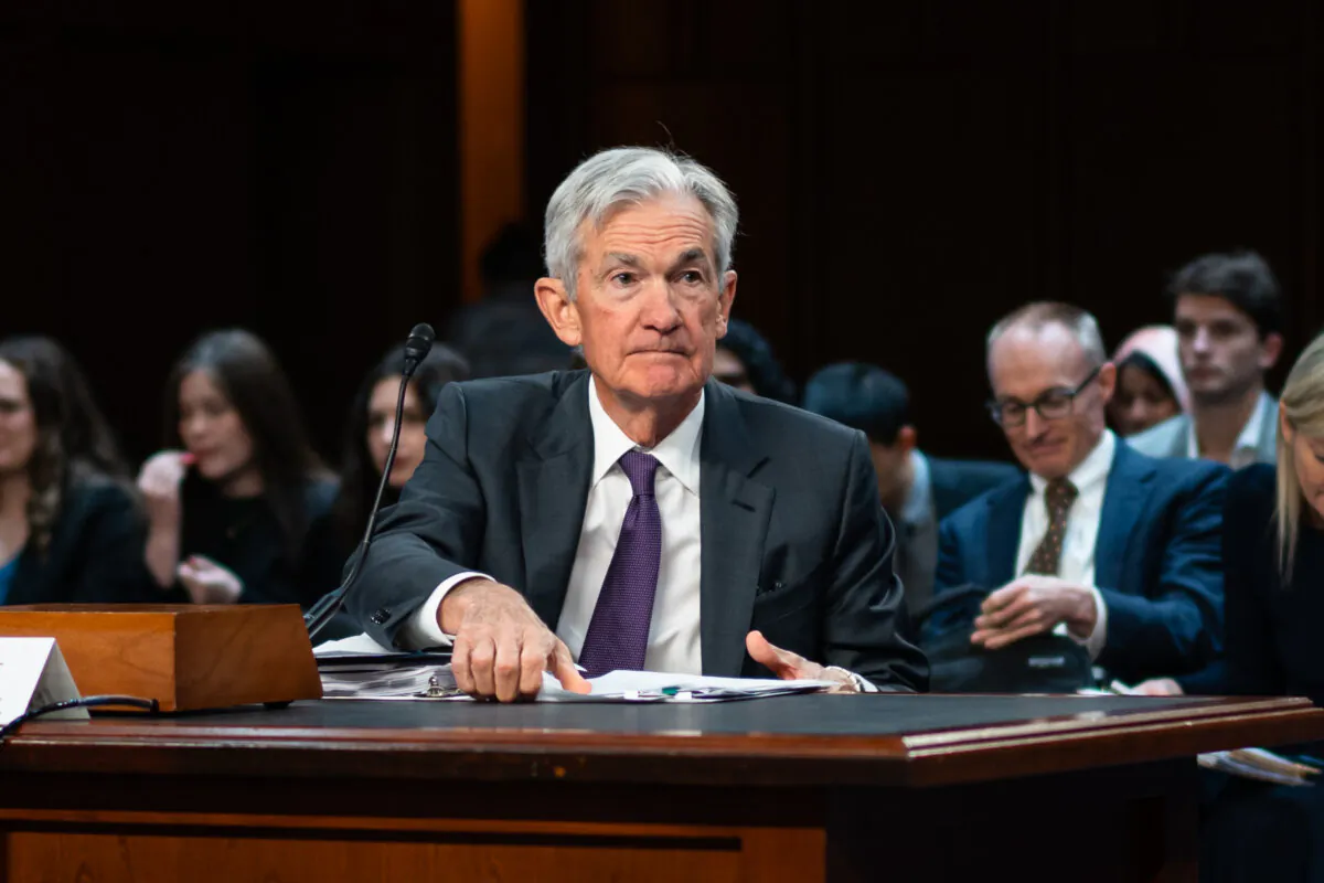 Federal Reserve Chairman Jerome Powell after testifying before the Senate Committee on Banking, Housing, and Urban Affairs on Capitol Hill in Washington on Feb. 11, 2025. (Madalina Vasiliu/The Epoch Times)