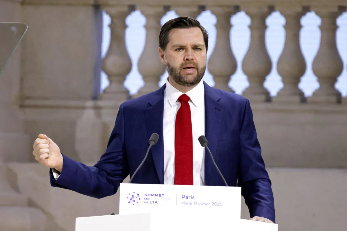 U.S. Vice President JD Vance speaks during a plenary session at the Artificial Intelligence Action Summit at the Grand Palais in Paris on Feb. 11, 2025. (Ludovic Marin/AFP/Getty Images)