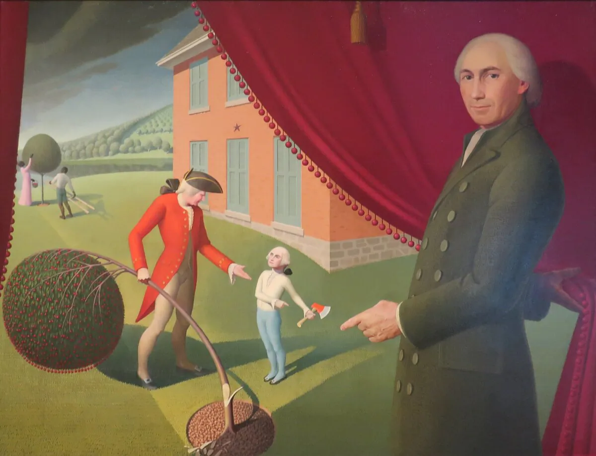 "Parson Weems' Fable," 1939, by Grant Wood. Oil on canvas; 38 1/4 inches by 50 inches. Amon Carter Museum of American Art, Fort Worth, Texas. (PD-US)