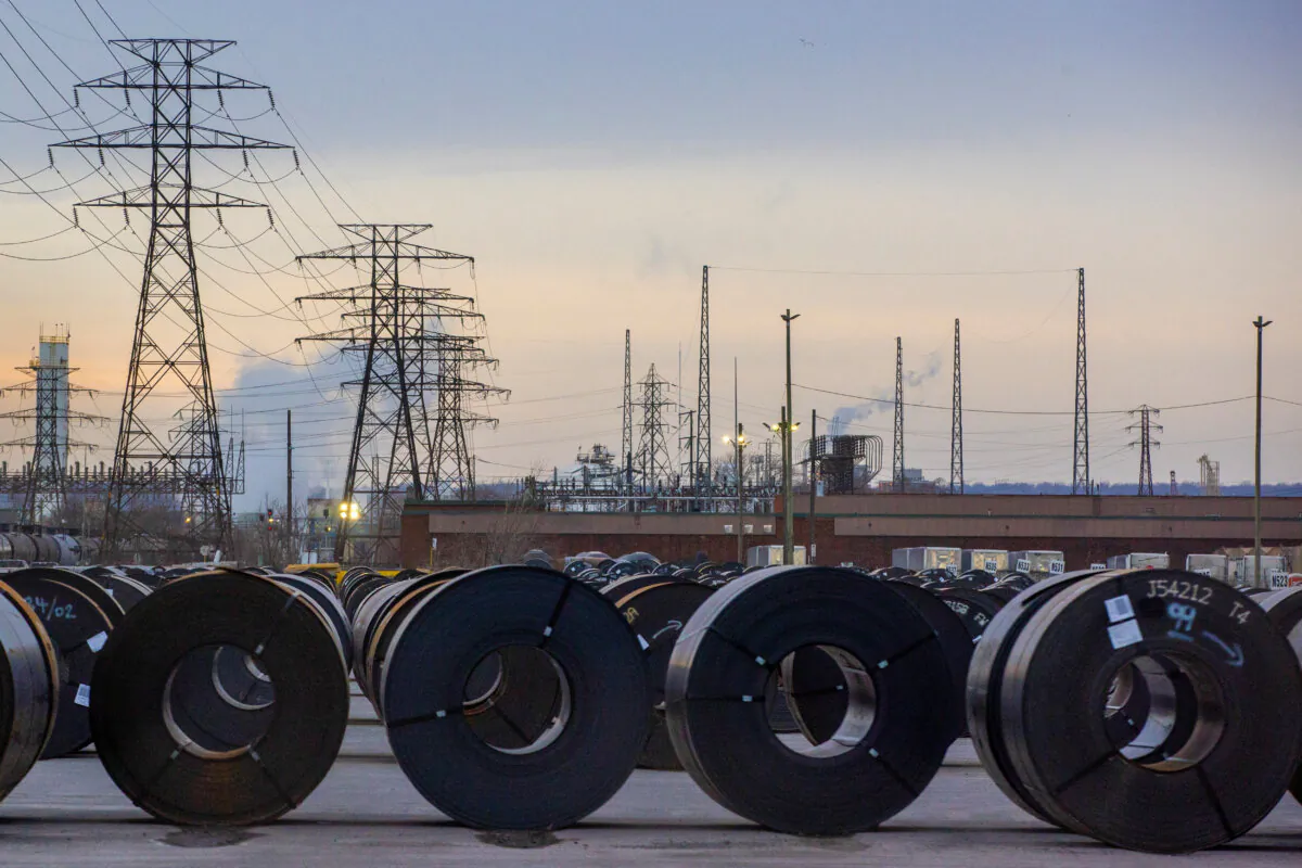 Coils of rolled steel sit in an industrial yard at dusk in Hamilton, Ontario, Canada, on Jan. 27, 2025. (Carlos Osorio/Reuters)