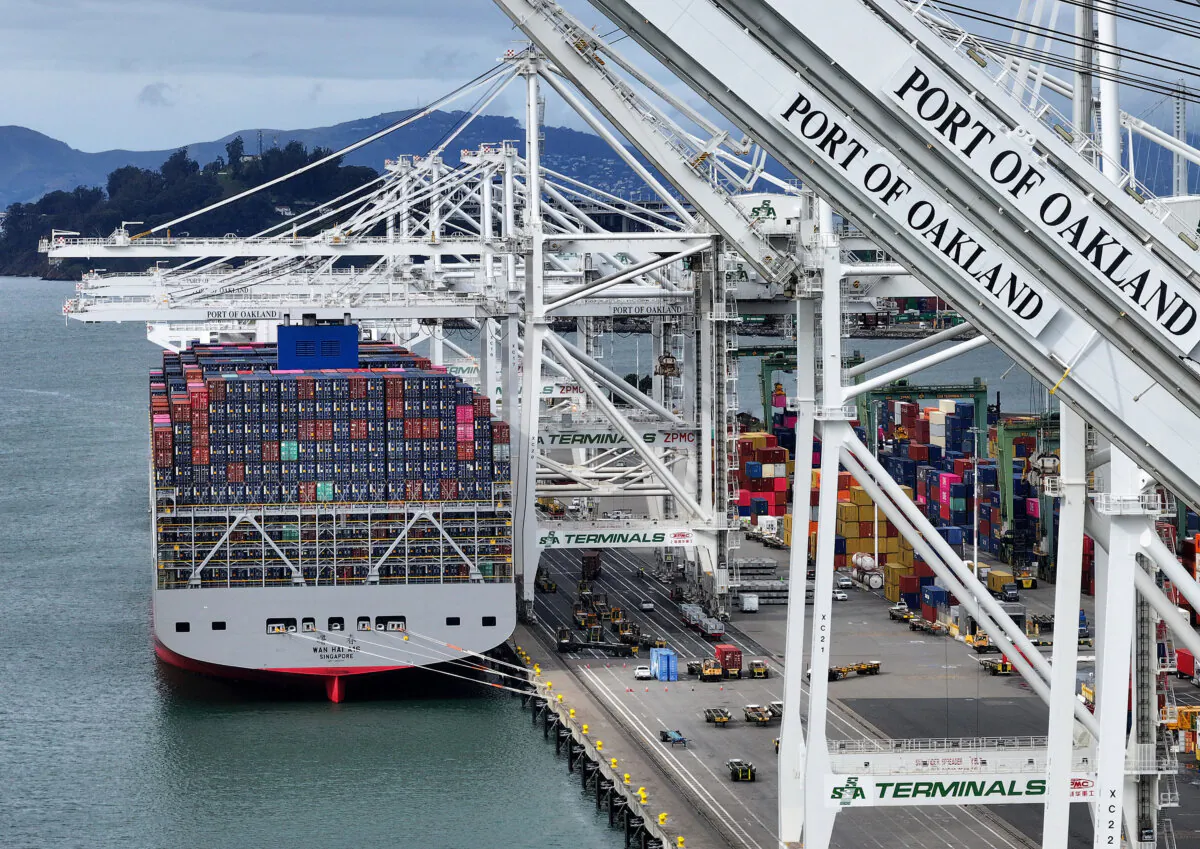 A container ship is docked at the Port of Oakland, in Oakland, Calif., on Feb. 3, 2025. (Justin Sullivan/Getty Images)