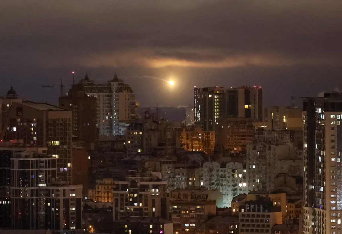 The explosion of a drone in the sky over the city during a Russian drone strike, amid Russia's attack on Ukraine, in Kyiv, on Feb. 5, 2025. (Gleb Garanich/Reuters)