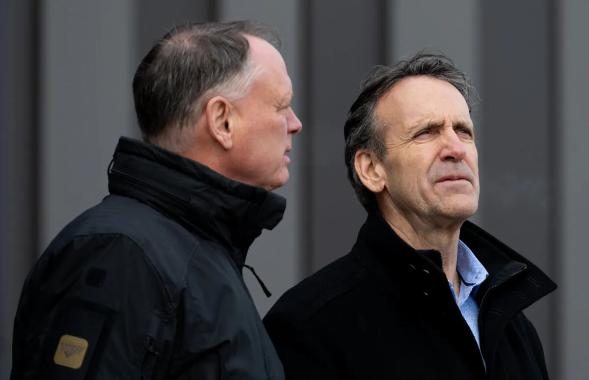 Canada's fentanyl czar Kevin Brosseau (R) is seen with Minister of Public Safety David McGuinty during a tour of the Canada Border Services Agency Lansdowne port of entry in Lansdowne, Ont., on Feb. 12, 2025. (The Canadian Press/Spencer Colby)