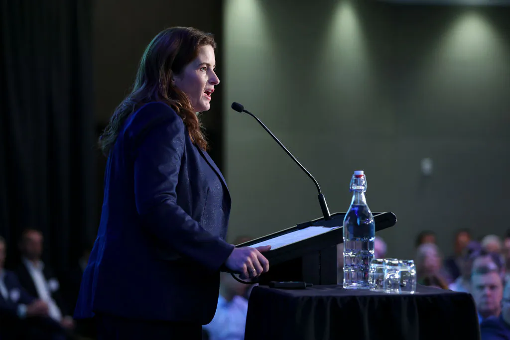 Minister of Finance Nicola Willis speaks during a post budget lunch at Intercontinental Wellington in New Zealand, on May 31, 2024. (Hagen Hopkins/Getty Images)