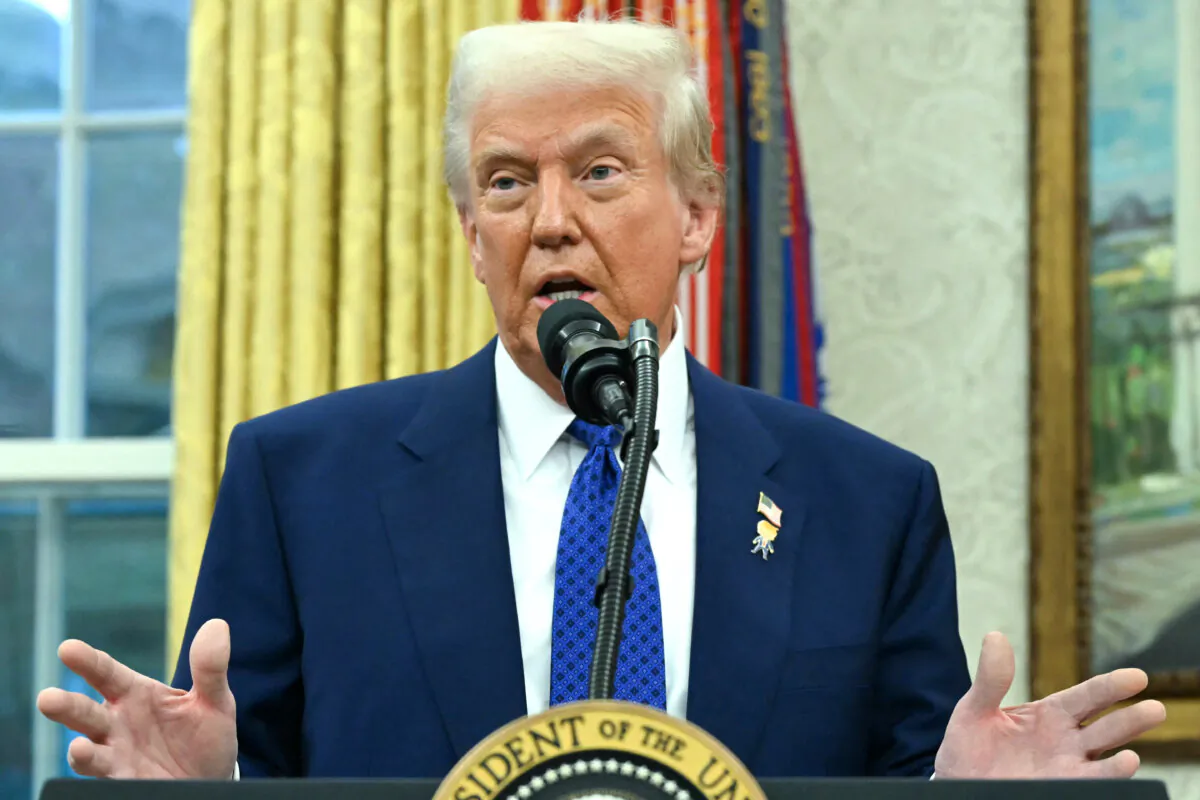 President Donald Trump speaks in the Oval Office of the White House on Feb. 12, 2025. (Andrew Caballero-Reynolds/AFP via Getty Images)