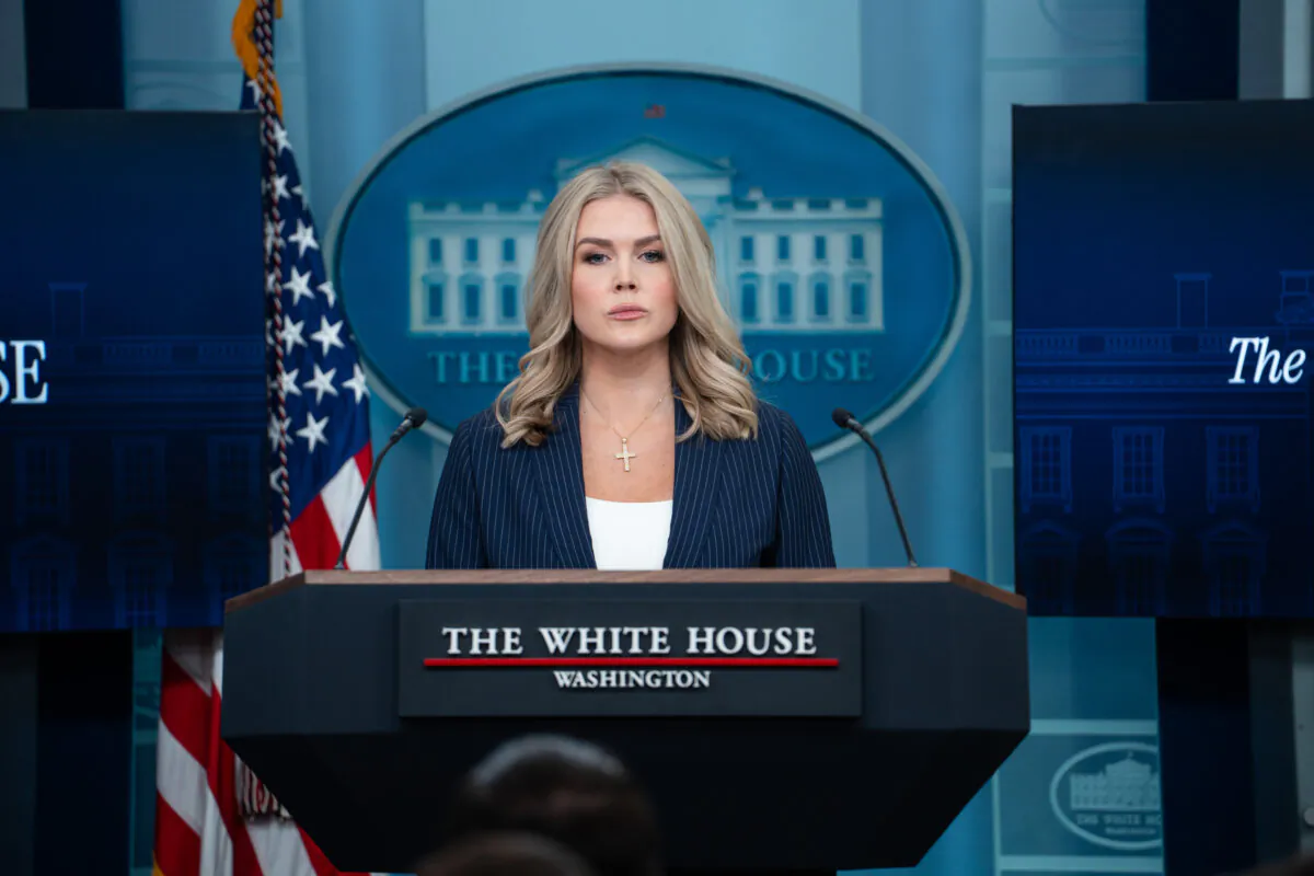 White House press secretary Karoline Leavitt speaks during a press briefing at the White House in Washington on Feb. 12, 2025. (Madalina Vasiliu/The Epoch Times)