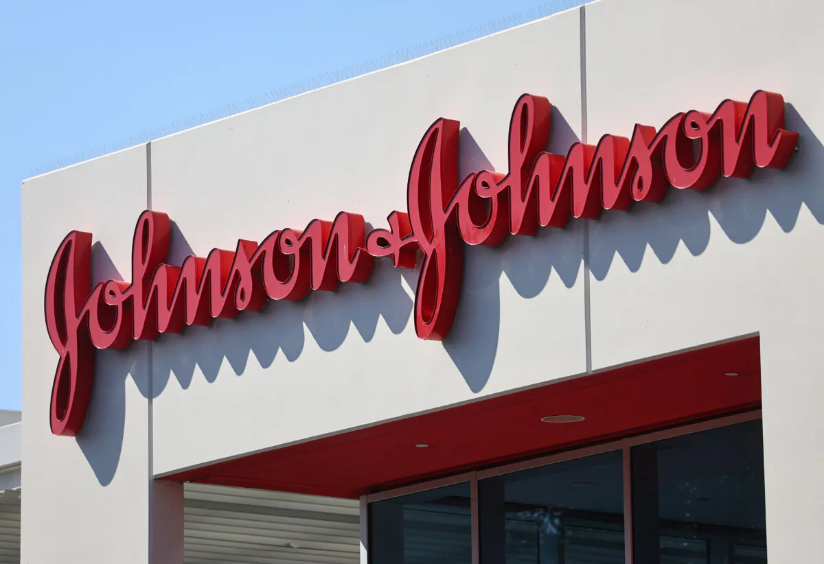 The Johnson & Johnson logo is displayed at company offices in Irvine, California on Oct. 17, 2023. (Mario Tama/Getty Images)