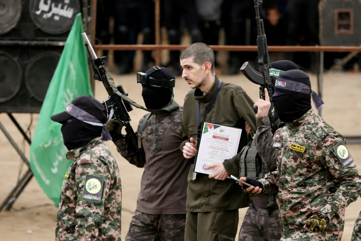 Or Levy, a hostage held in Gaza since the deadly Oct. 7, 2023 attack, is released by Hamas terrorists as part of a ceasefire and a hostages-prisoners swap deal between Hamas and Israel, in Deir Al-Balah in the central Gaza Strip, on Feb. 8, 2025. (Hatem Khaled/Reuters)