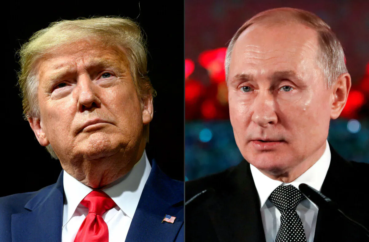 (Left) U.S. President Donald Trump delivers remarks in Phoenix on Feb. 19, 2020. (Right)
Russian President Vladimir Putin delivers a speech during a ceremony in Jerusalem on Jan. 23, 2020. (Jim Watson and Emmanuel Dunand/AFP via Getty Images)