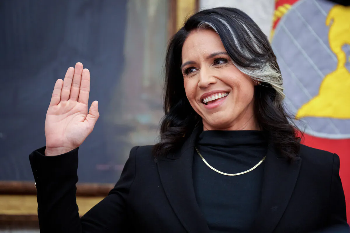 Tulsi Gabbard is sworn in as Director of National Intelligence in the Oval Office at the White House on Feb. 12, 2025. (Andrew Harnik/Getty Images)