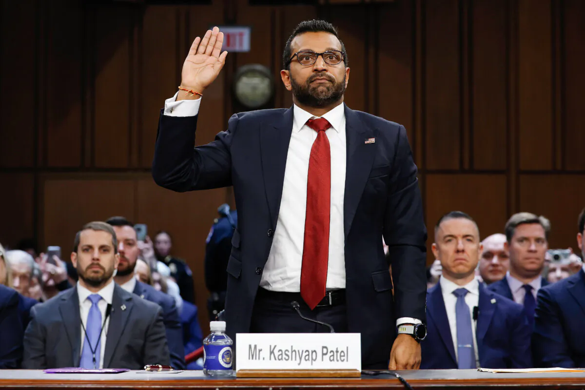 Kash Patel, President Donald Trump’s nominee for director of the FBI, is sworn in during his confirmation hearing before the Senate Judiciary Committee in the Dirksen Senate Office Building in Washington on Jan. 30, 2025. (Anna Moneymaker/Getty Images)