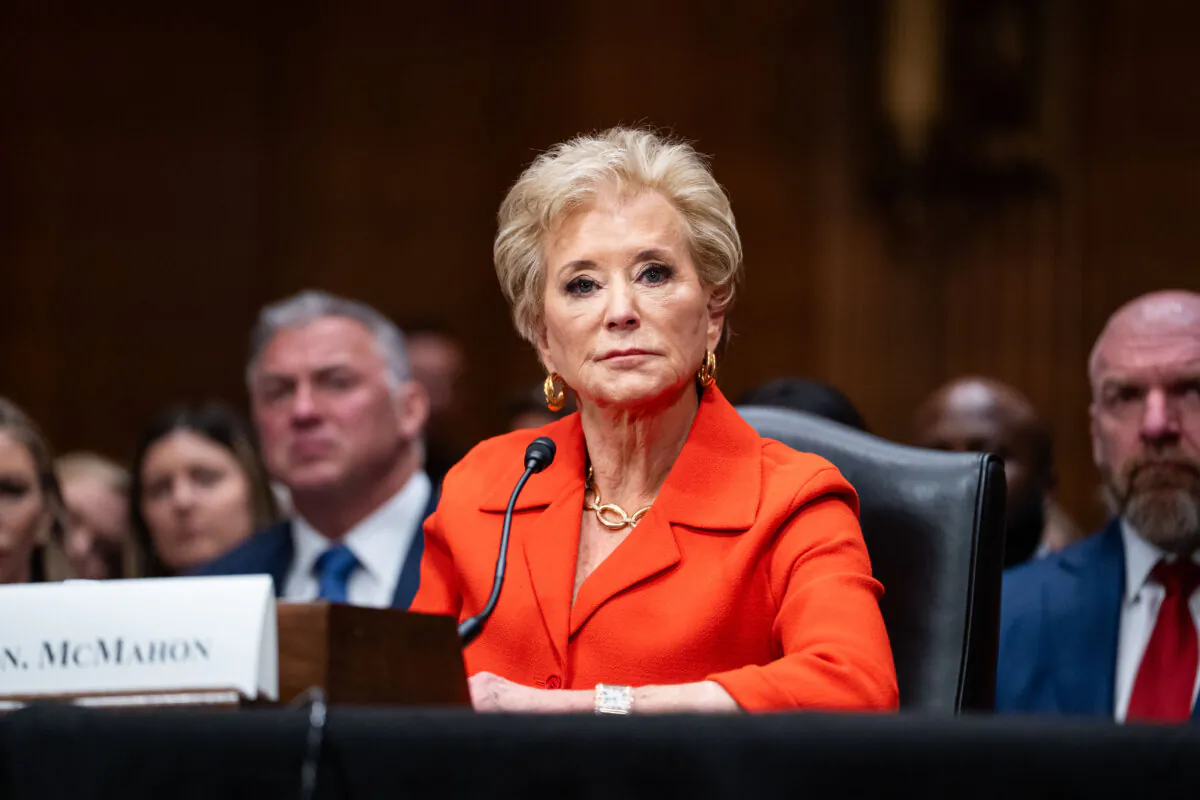 Linda McMahon, then the nominee for secretary of education, testifies during a confirmation hearing before the Senate Committee on Health, Education, Labor, and Pensions on Capitol Hill on Feb. 13, 2025. (Madalina Kilroy/The Epoch Times)