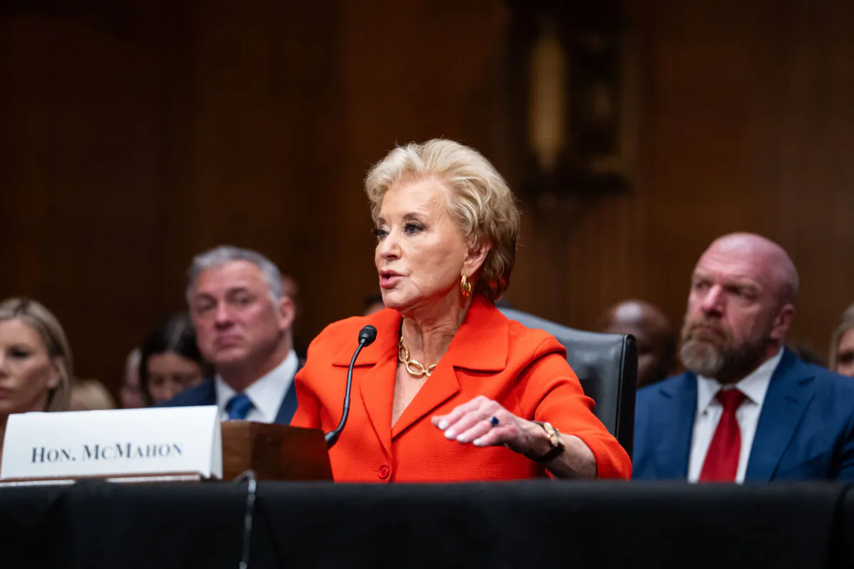 Linda McMahon, nominee for secretary of education, testifies during a confirmation hearing before the Senate Committee on Health, Education, Labor, and Pensions on Capitol Hill in Washington on Feb. 13, 2025. (Madalina Vasiliu/The Epoch Times)