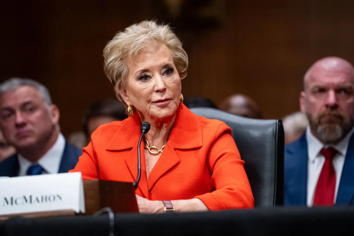 Nominee for Secretary of Education Linda McMahon testifies during a confirmation hearing before the Senate Committee on Health, Education, Labor, and Pensions on Capitol Hill in Washington on Feb. 13, 2025. (Madalina Vasiliu/The Epoch Times)
