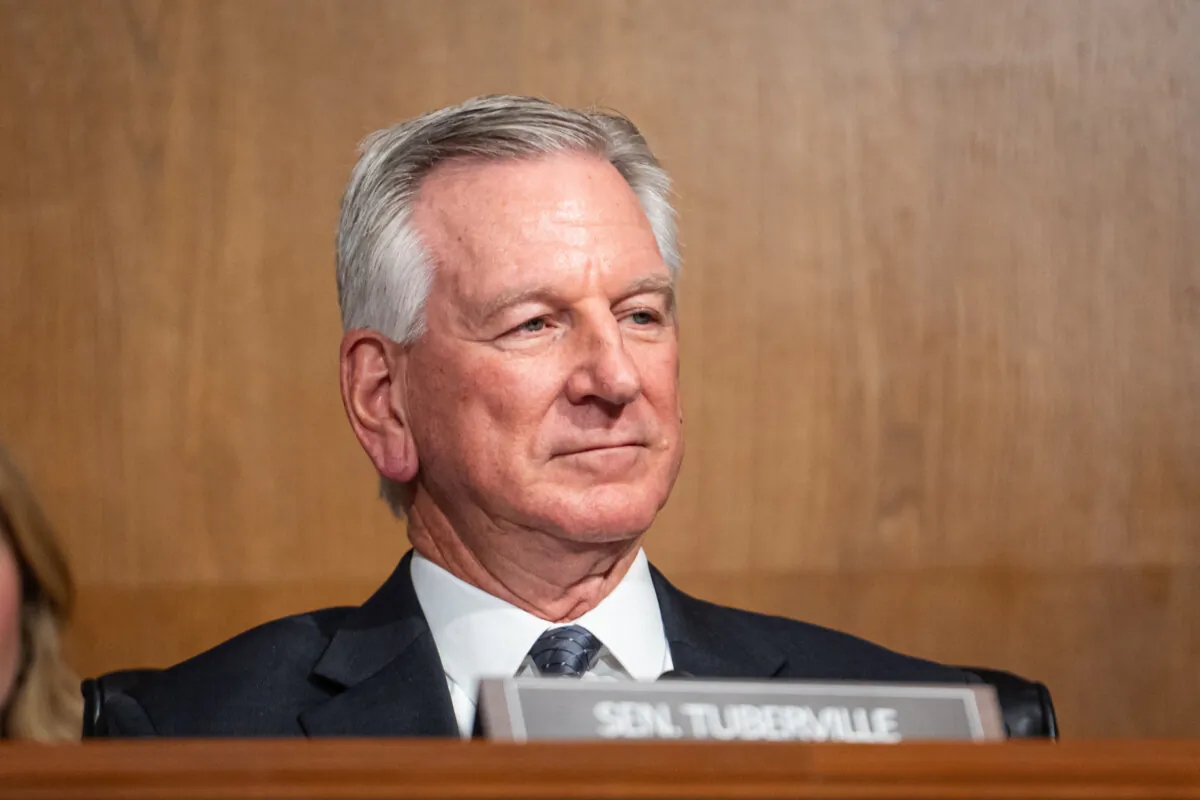 Sen. Tommy Tuberville (R-Ala.) speaks during a confirmation hearing with the nominee for Secretary of Education, Linda McMahon, on Capitol Hill in Washington on Feb. 13, 2025. (Madalina Vasiliu/The Epoch Times)