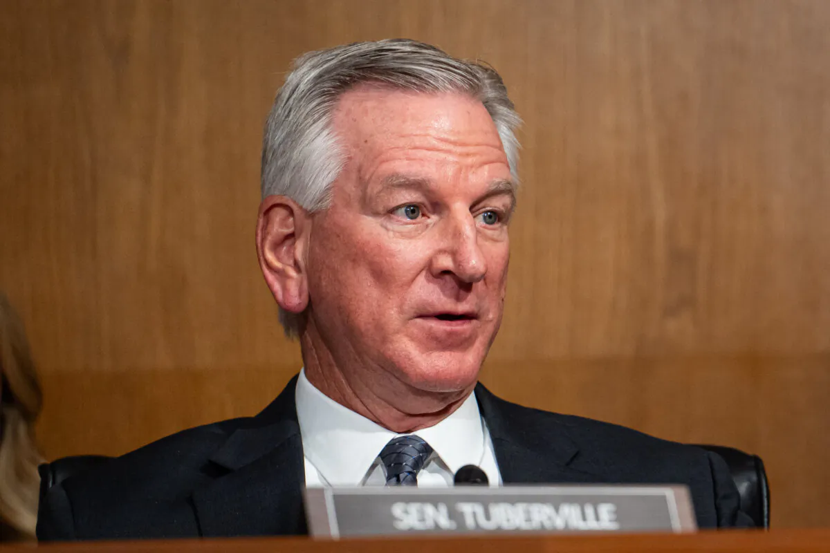 Sen. Tommy Tuberville (R-Ala.) speaks during a confirmation hearing with the then-nominee for secretary of education, Linda McMahon, on Capitol Hill in Washington on Feb. 13, 2025. (Madalina Vasiliu/The Epoch Times)