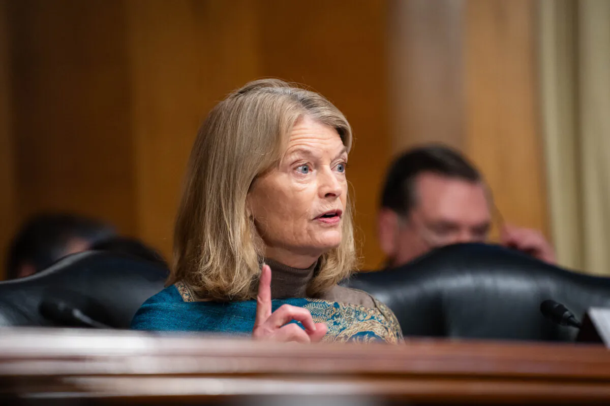 Sen. Lisa Murkowski (R-Alaska) speaks during a confirmation hearing with the nominee for Secretary of Education, Linda McMahon, on Capitol Hill in Washington on Feb. 13, 2025. (Madalina Vasiliu/The Epoch Times)