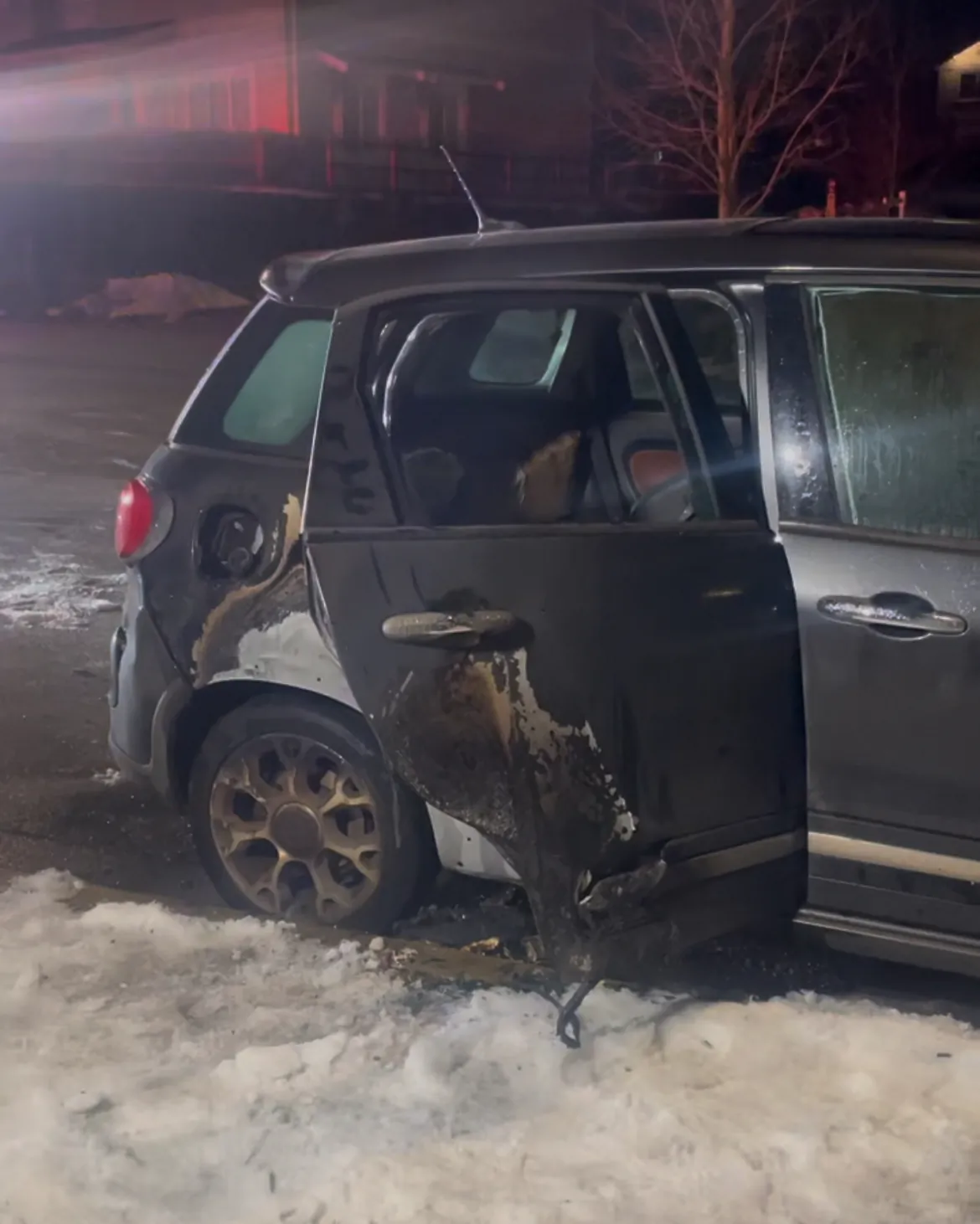 A vehicle belonging to former B.C. MLA Gwen O'Mahony was set on fire Feb. 11, 2025. The incident happened after O'Mahony had spoken out about church burnings across Canada. (Courtesy of Gwen O'Mahony)