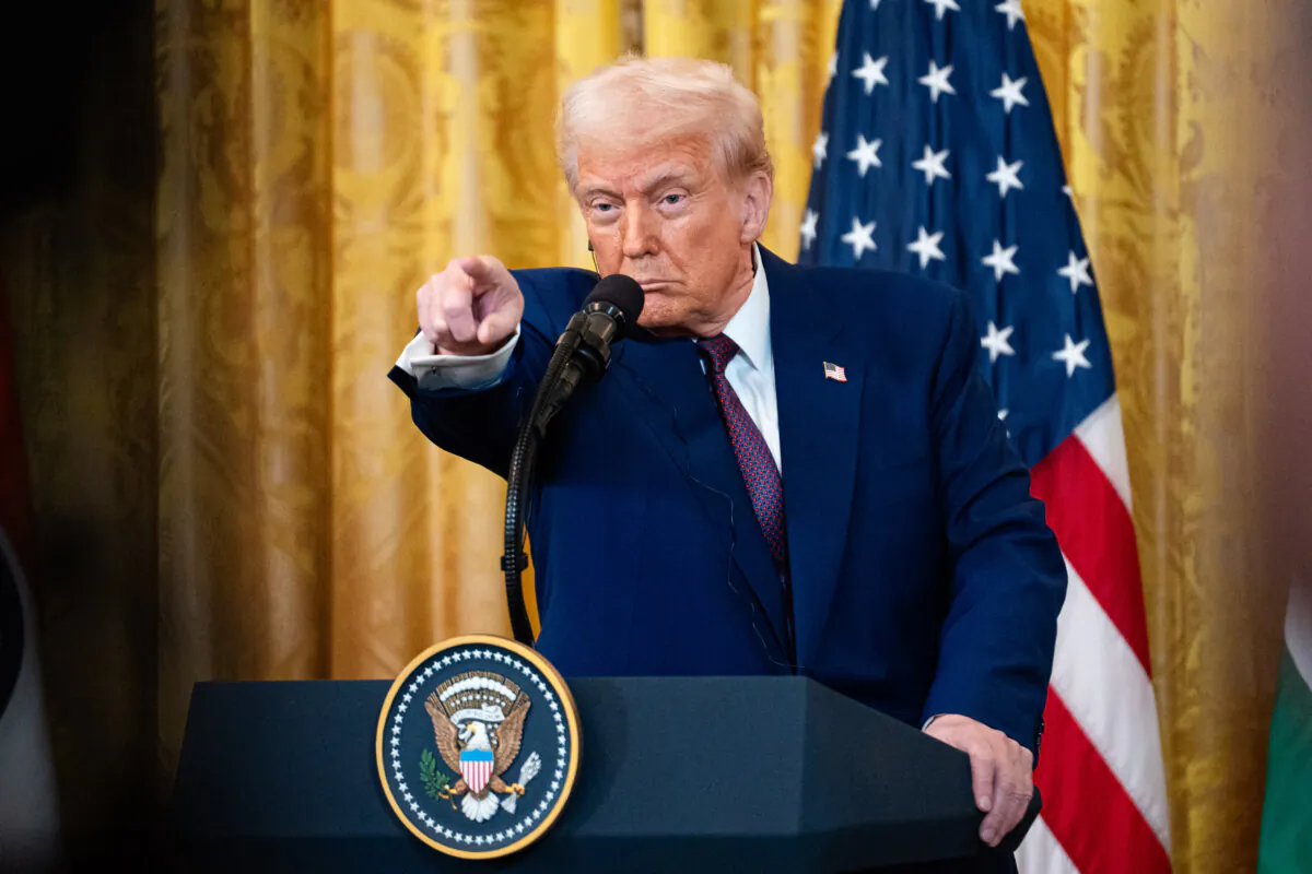 President Donald Trump speaks during a press conference at the White House in Washington on Feb. 13, 2025. (Madalina Vasiliu/The Epoch Times)