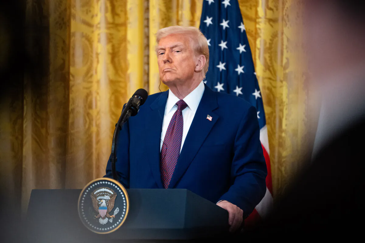 President Donald Trump speaks during a press conference at the White House in Washington on Feb. 13, 2025. (Madalina Vasiliu/The Epoch Times)