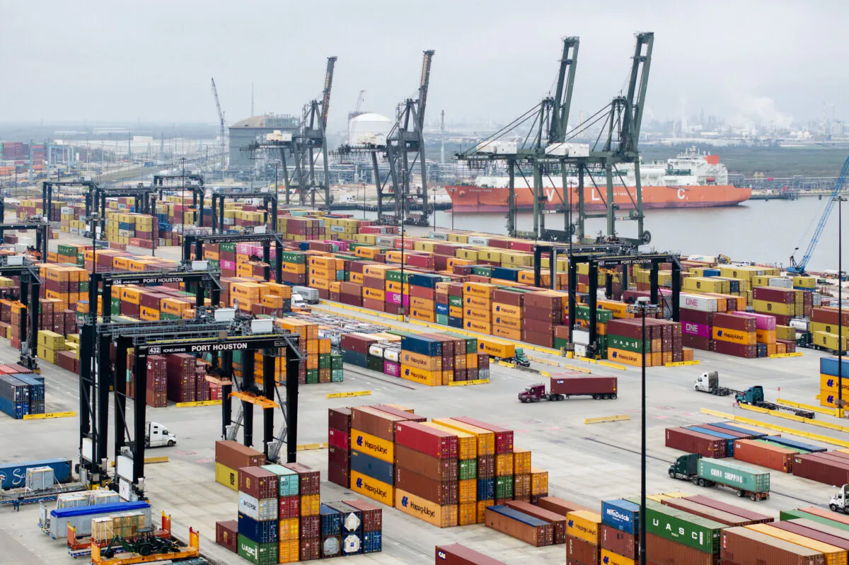 Shipping containers are organized at the Houston Port of Authority in Houston on Feb. 10, 2025. (Brandon Bell/Getty Images)