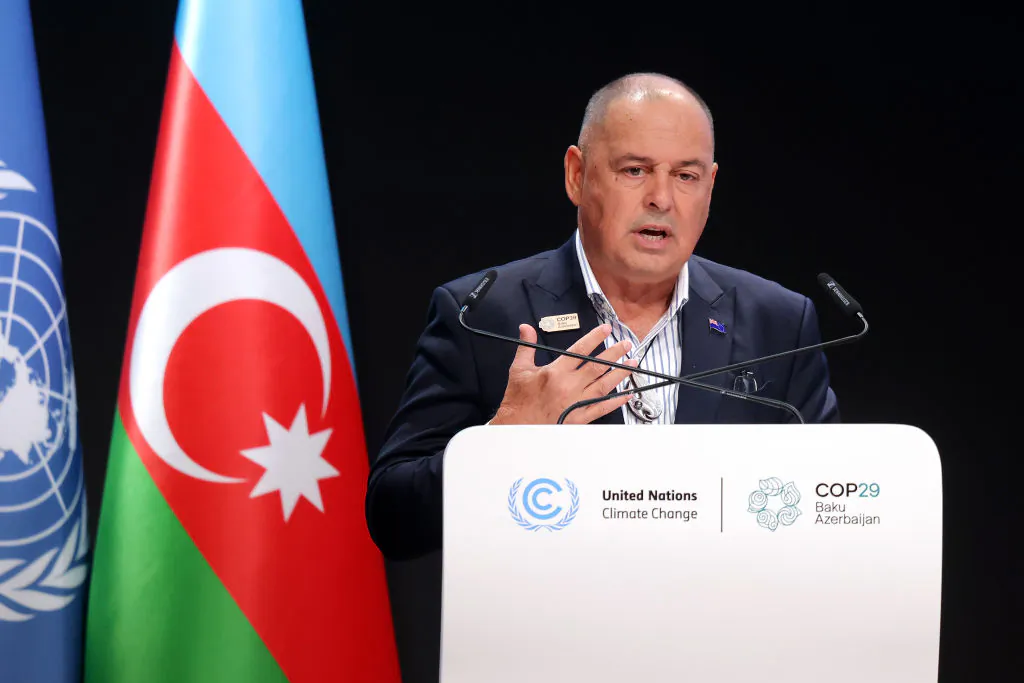 Cook Islands Prime Minister Mark Stephen Brown delivers a statement during the high level segment on day three of the UNFCCC COP29 Climate Conference at Baku, Azerbaijan on Nov. 13, 2024. (Sean Gallup/Getty Images)