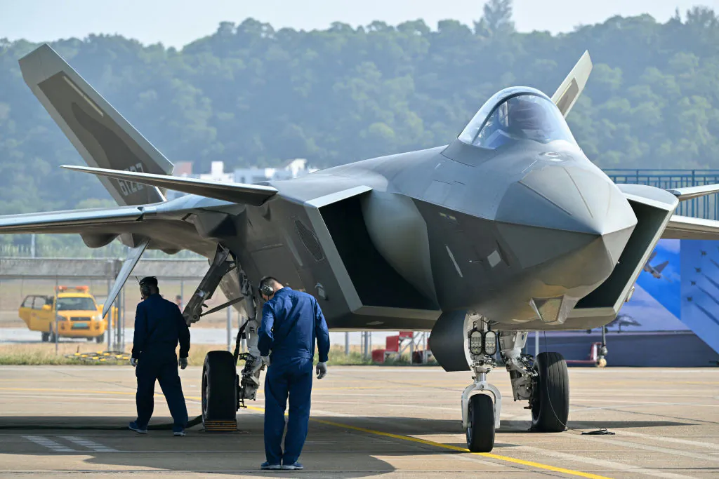 A Chinese-made Chengdu J-20 stealth fighter is displayed during the 15th China International Aviation and Aerospace Exhibition in Zhuhai, in south China's Guangdong Province. on Nov. 12, 2024. (Hector Retamal/AFP via Getty Images)