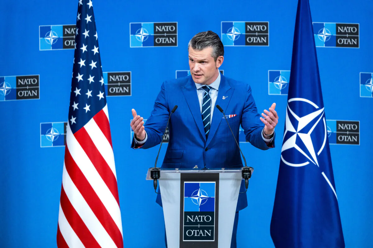 U.S. Secretary of Defense Pete Hegseth holds his closing press conference at the end of defense ministers' meetings at NATO headquarters in Brussels, Belgium, on Feb. 13, 2025. (Omar Havana/Getty Images)