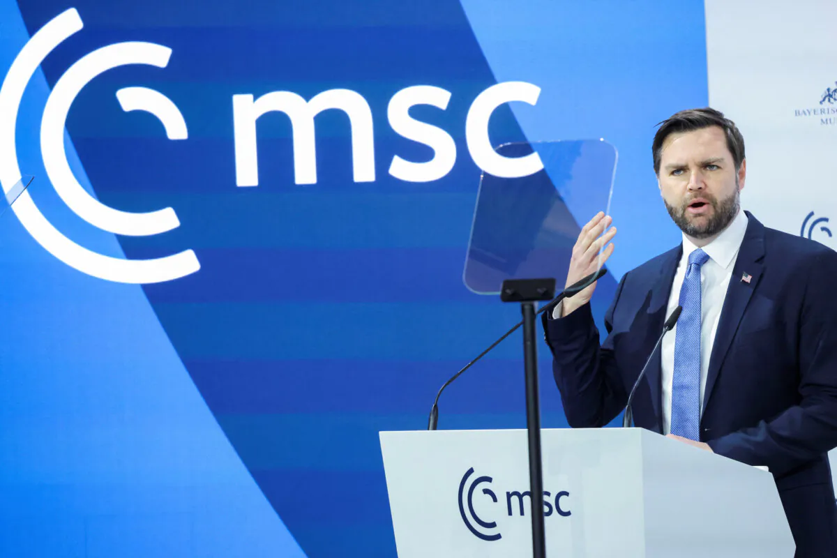 U.S. Vice President JD Vance speaks at the Munich Security Conference in Munich, Germany, on Feb. 14, 2025. (Wolfgang Rattay/Reuters)