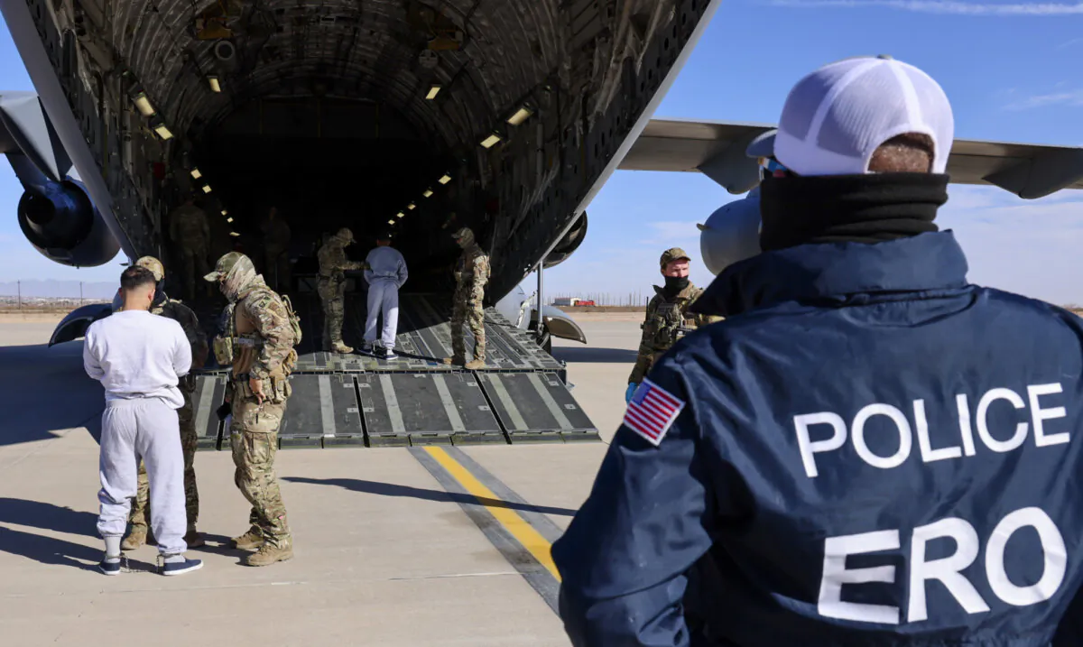 A military flight carrying illegal immigrant members of the Tren de Aragua gang to Guantanamo Bay prepares to depart, in El Paso, Texas, on Feb. 4, 2025. (Courtesy of Department of Homeland Security)