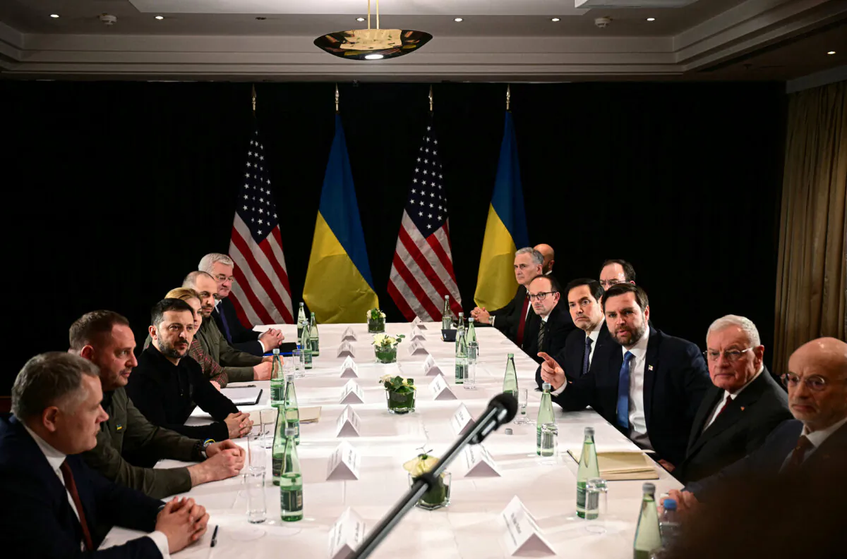 U.S. Vice President JD Vance (3rd R), U.S. Secretary of State Marco Rubio (4th R) and Ukrainian President Volodymyr Zelenskyy (3rd L) meet on the sidelines of the 61st Munich Security Conference (MSC) in Munich, southern Germany, on Feb. 14, 2025. (Tobias Schwarz/AFP via Getty Images)
