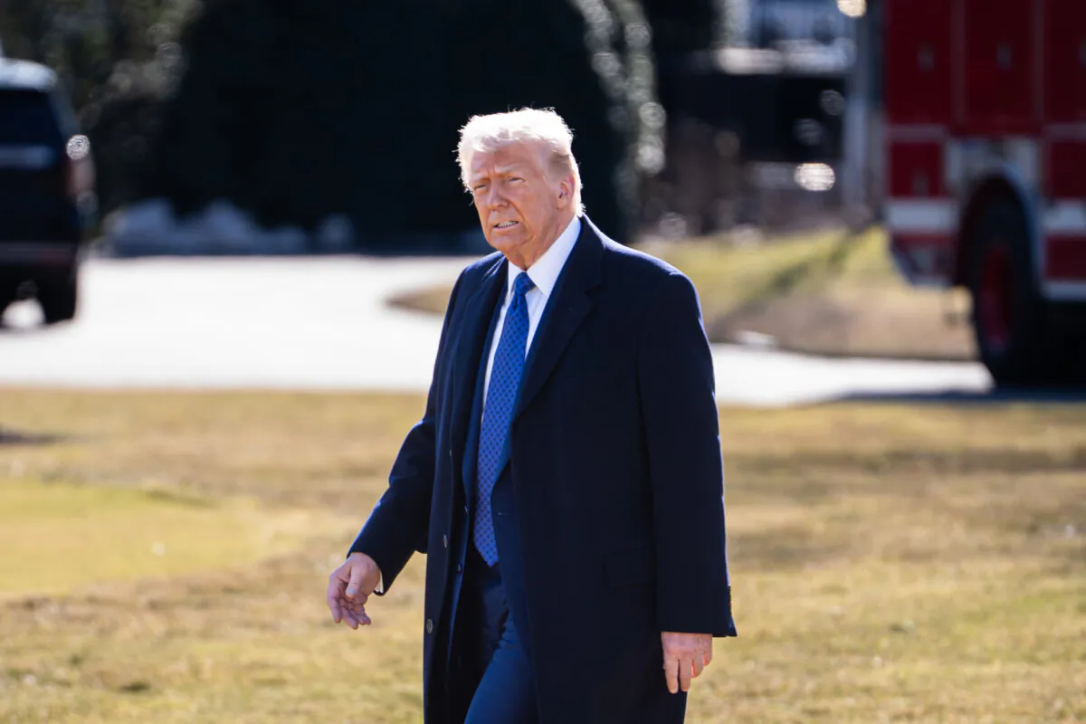 U.S. President Donald Trump departs the White House on Feb. 14, 2025. (Madalina Vasiliu/The Epoch Times)