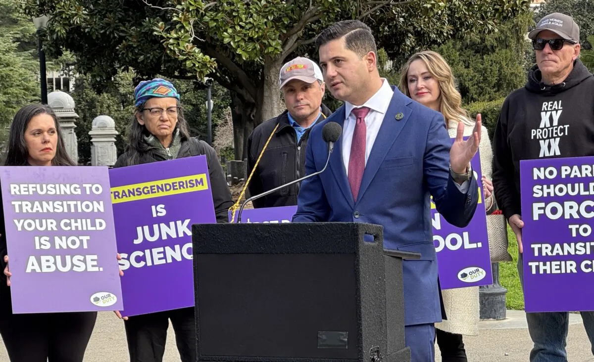 California Assemblyman Bill Essayli speaks at a press conference outside California’s state Capitol in Sacramento on Feb. 14, 2025. (Courtesy Greg Burt/California Family Council)