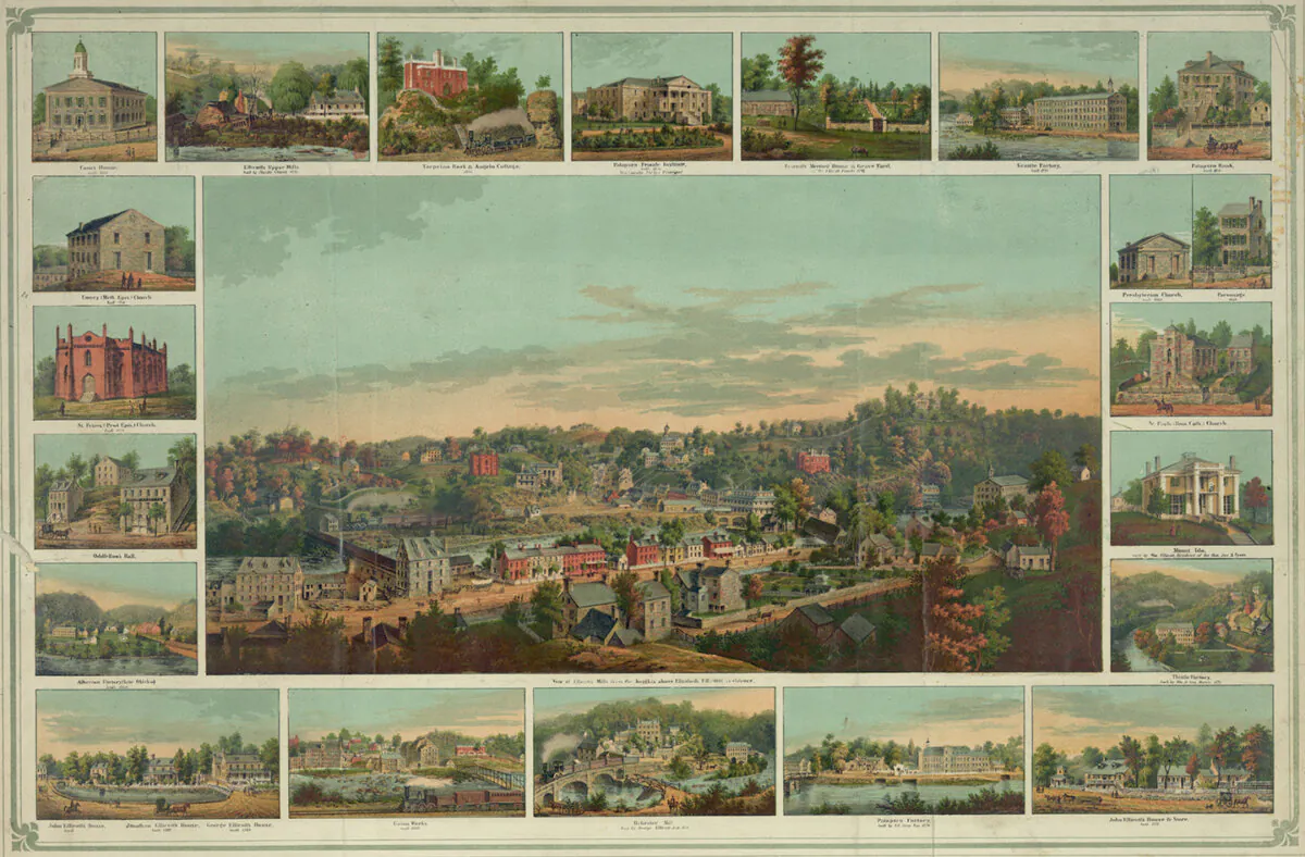 A bird's eye view of Ellicotts Mills, Maryland (later called Ellicott city) surrounded by small images of various buildings and factories in the town, 1854, by E. Sachse & Co. Library of Congress. (Public Domain)