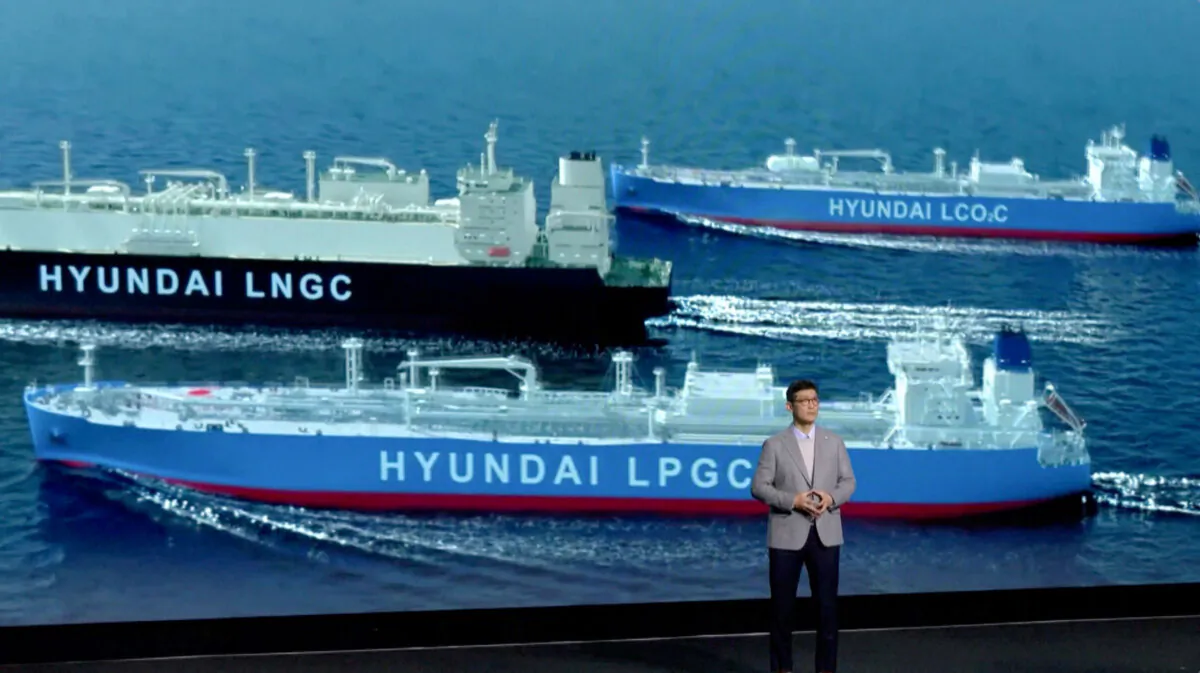 HD Hyundai CTO & Senior Vice President, Advanced Research Center, Korea Shipbuilding and Offshore Engineering, Sungjoon Kim, speaks a media event at the Consumer Electronics Show in Las Vegas on Jan. 4, 2023, in a still from video. (Reuters/Screenshot via NTD)